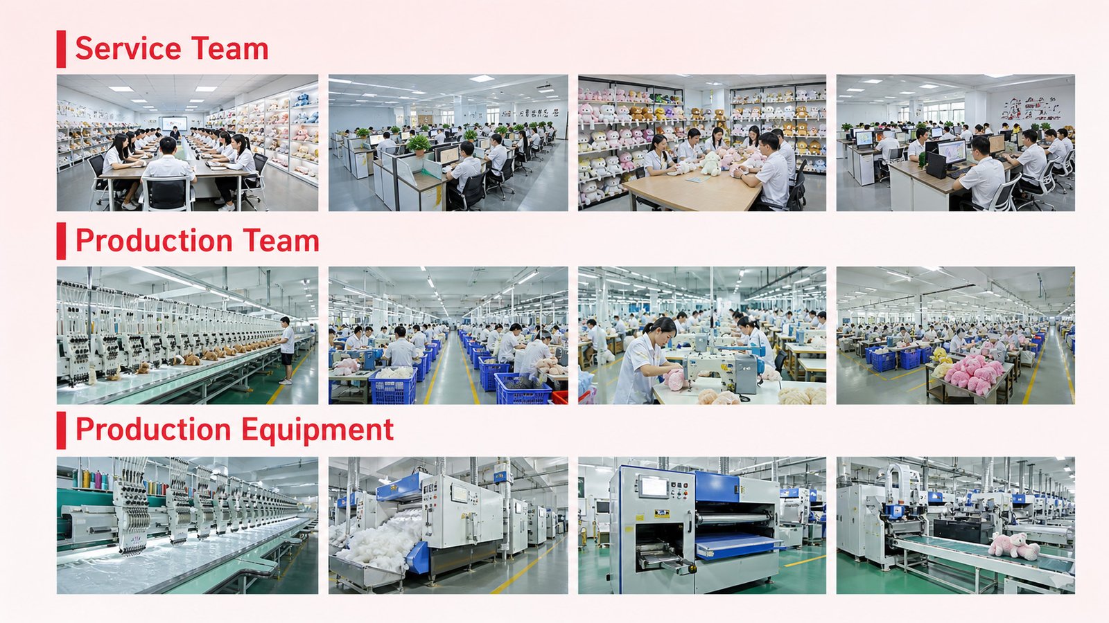 Full overview of our plush toy production workshop, production team and equipment